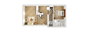 a 3d rendering of a bedroom and living room with a wood floor