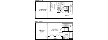 A diagram of a two-floor apartment with a living room, kitchen, bathroom, and bedroom.