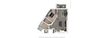 A 3D floor plan of a house with a kitchen, living room, and two bedrooms.