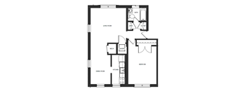 A floor plan of a small apartment with a living room, dining room, kitchen, and bedroom.