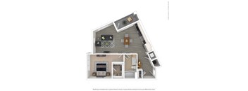 A 3D floor plan of a house with a living room, kitchen, and two bedrooms.
