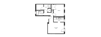 A floor plan of a house with a laundry room, bathroom, kitchen, dining room, and bedroom.