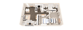 a 3d floor plan of a bedroom with a bathroom and a living room