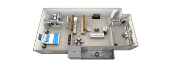 A 3D floor plan of a small apartment with a kitchen, living room, and bedroom.