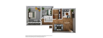 A floor plan of a small apartment with a bedroom, kitchen, and living/dining room.