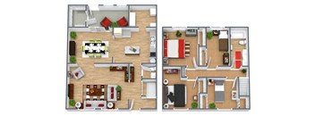 A floor plan of a two-story house with a living room, kitchen, dining room, and bedrooms.