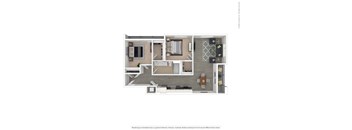 A 3D rendered image of a house layout.