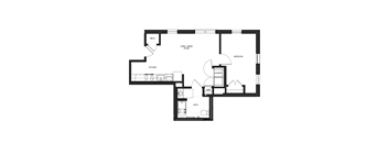 A floor plan of a small apartment with a kitchen, living room, and bathroom.