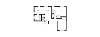 A floor plan of a house with a kitchen, living room, dining room, and two bedrooms.