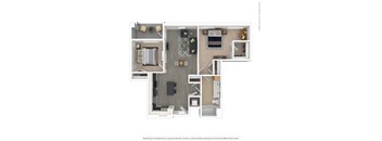 A 3D floor plan of a house with a living room, kitchen, dining room, and bedrooms.