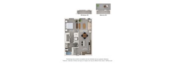 A 3D floor plan of a house with a kitchen, living room, and bathroom.