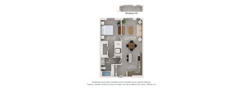 A floor plan of a small apartment with a living room, dining room, kitchen, and bathroom.