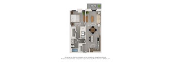 A 3D floor plan of a small apartment with a bedroom, bathroom, living/dining area, kitchen, and a small entryway.