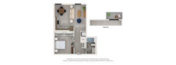 A floor plan of a small apartment with a kitchen, living room, dining room, and bathroom.