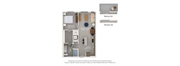 A floor plan of a small apartment with a bedroom, living room, kitchen, and bathroom.