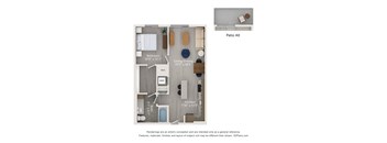 A floor plan of a small apartment with a bedroom, living room, kitchen, and bathroom.