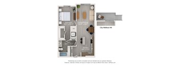 A floor plan of an apartment with a bedroom, bathroom, living/dining area, kitchen, and a mech.