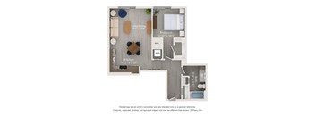 A floor plan of a small apartment with a kitchen, living room, dining room, and bathroom.