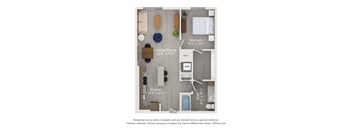 A floor plan of a small apartment with a kitchen, living room, dining area, and bathroom.