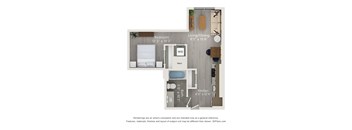 A floor plan of a small apartment with a bedroom, living/dining area, kitchen, and bathroom.
