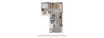 A floor plan of a small apartment with a bedroom, living/dining area, kitchen, and a wet bar.