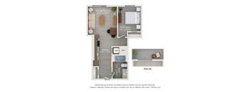 A floor plan of a small apartment with a living room, bedroom, kitchen, and patio.