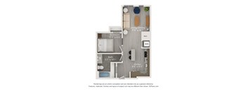 A 3D floor plan of a small apartment with a living room, dining room, kitchen, bedroom, and bathroom.