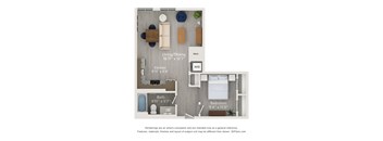 A floor plan of a small apartment with a living room, kitchen, bathroom, and bedroom.
