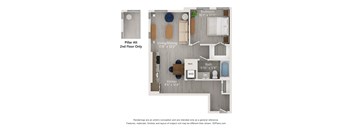 A floor plan of a small apartment with a pillar in the middle of the living room.