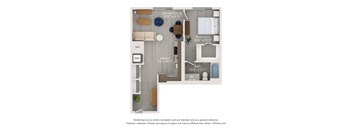 A floor plan of a small apartment with a living room, kitchen, and bedroom.