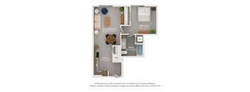 A floor plan of a small apartment with a living room, dining room, kitchen, and bathroom.