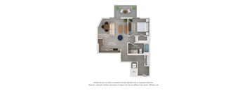 A 3D floor plan of a house with a living room, dining room, kitchen, and bathroom.