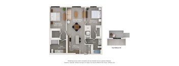 A floor plan of an apartment layout with a kitchen, living room, dining room, bathroom, and bedroom.