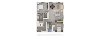 A floor plan of a small apartment with a kitchen, living room, dining room, and two bedrooms.