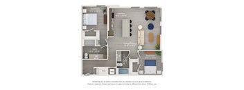 A floor plan of a living space with a kitchen, bathroom, and bedrooms.