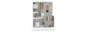 A floor plan of a small apartment with a living room, dining room, kitchen, and two bedrooms.