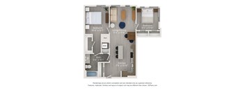 A floor plan of a small apartment with a living room, kitchen, bathroom, and two bedrooms.