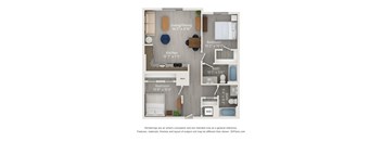 A floor plan of a small apartment with a kitchen, living room, and two bedrooms.