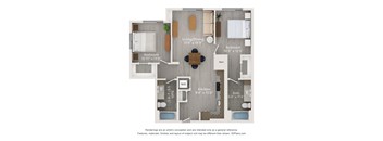 A floor plan of a house with a living room, dining room, kitchen, and two bedrooms.