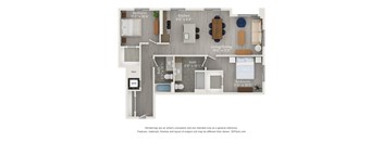 A floor plan of a small apartment with a bedroom, bathroom, kitchen, living room, and a workspace.