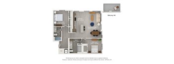 A floor plan of a balcony apartment with a living room, two bedrooms, a bathroom, and a kitchen.