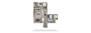 A floor plan of a small apartment with a living room, kitchen, dining area, and three bedrooms.