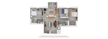 A floor plan of a house with three bedrooms, a living room, a kitchen, a dining room, and a bathroom.