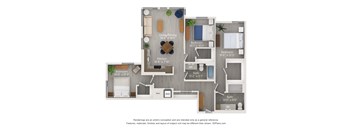 A 3D floor plan of a house with a living room, dining room, kitchen, and three bedrooms.