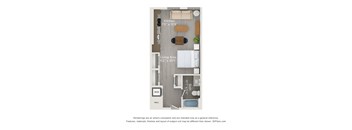 A floor plan of a kitchen and living area with dimensions and furniture layout.