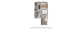 A floor plan of a small apartment with a kitchen, living area, and a workspace.