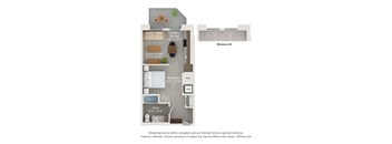 A floor plan of a small apartment with a kitchen, living room, bedroom, and bathroom.