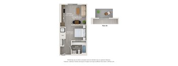 A floor plan of a small apartment with a kitchen, bedroom, bathroom, and patio.