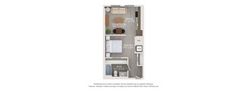 A floor plan of a small apartment with a kitchen, living room, bedroom, and bathroom.