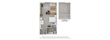 A floor plan of a one bedroom apartment with a kitchen, living room and bathroom.